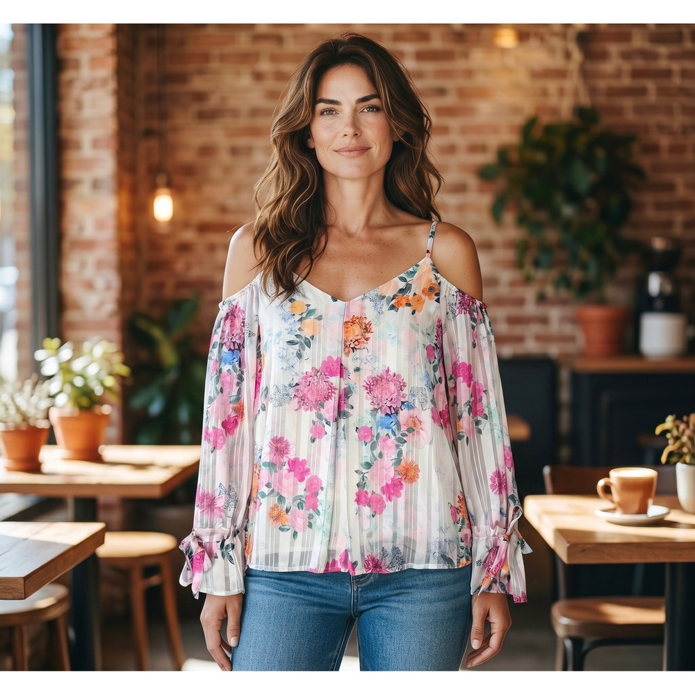 INC International Concepts Floral Cold Shoulder Metallic Stripe Blouse Large
